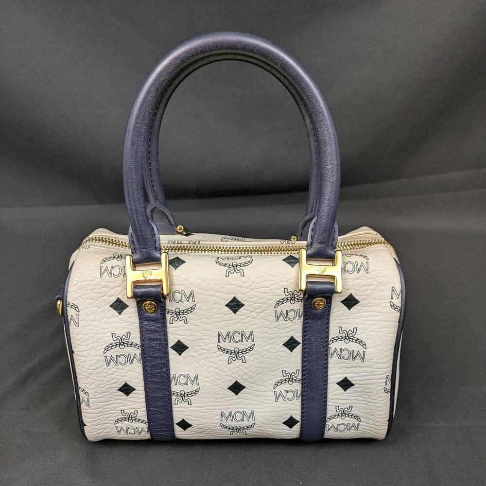 MCM Navy Blue and White Monogram Rare Boston Mini Top Handle Bag - Picture 10 of 14